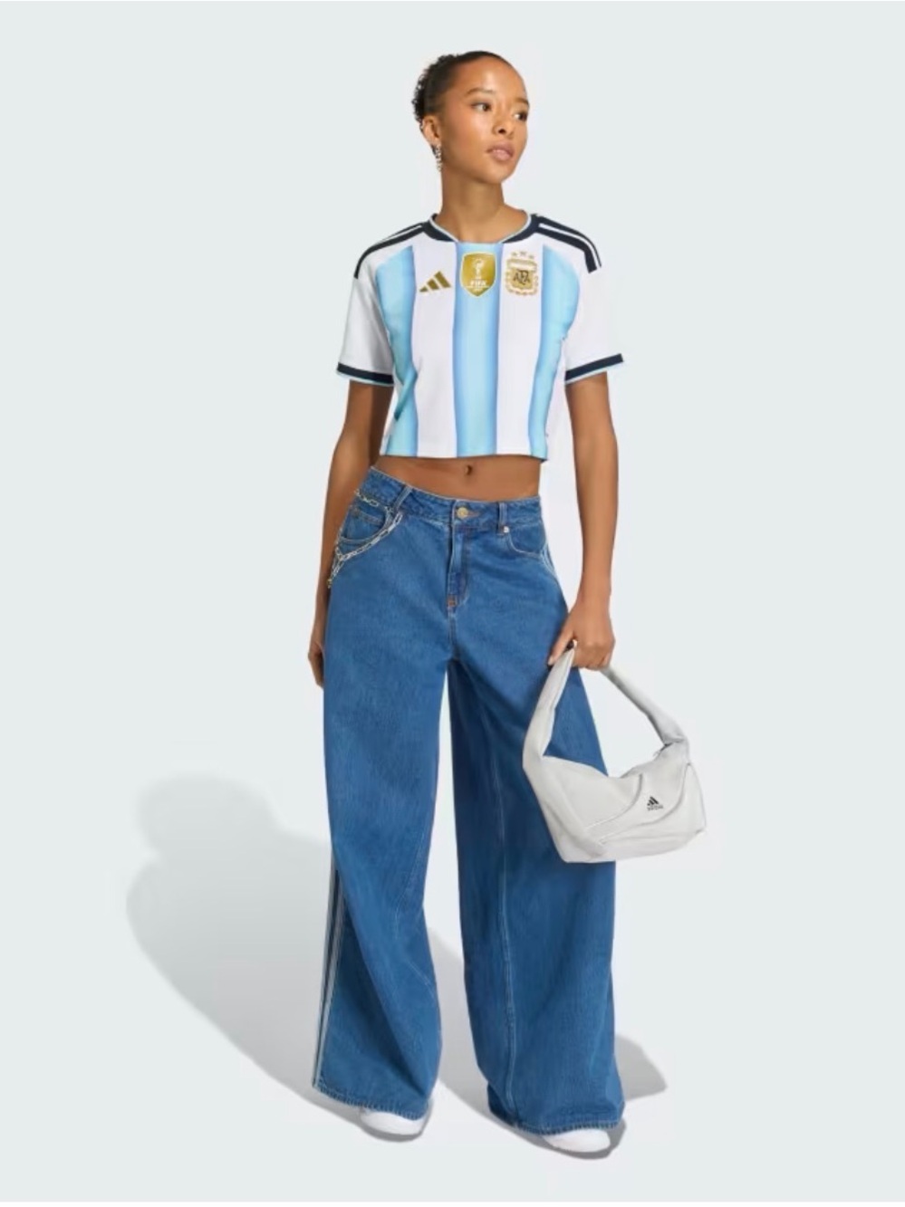 adidas Argentina Cropped Jersey in Sky Blue & White with Gold Accents - Picture 3 of 5